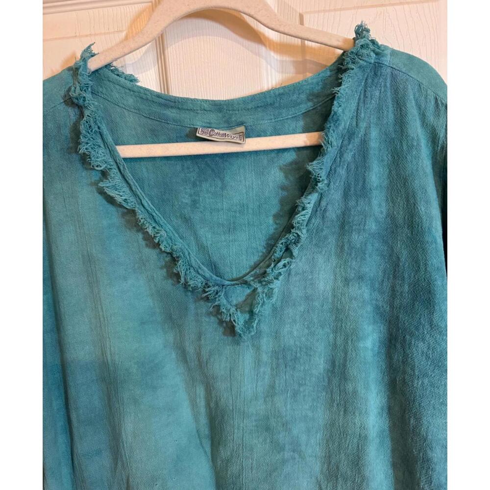 Cottonways Frayed V Neck Trim Asymmetric Hem Cotton Tunic & Pants Turquoise